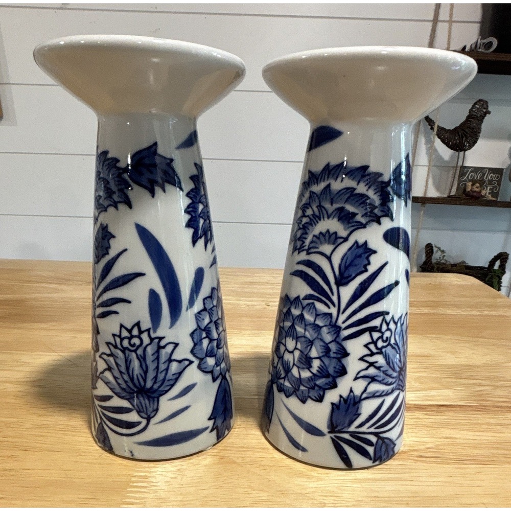 Two beautiful Vintage Blue & White Floral Ceramic Candle Holders Glossy 8 in